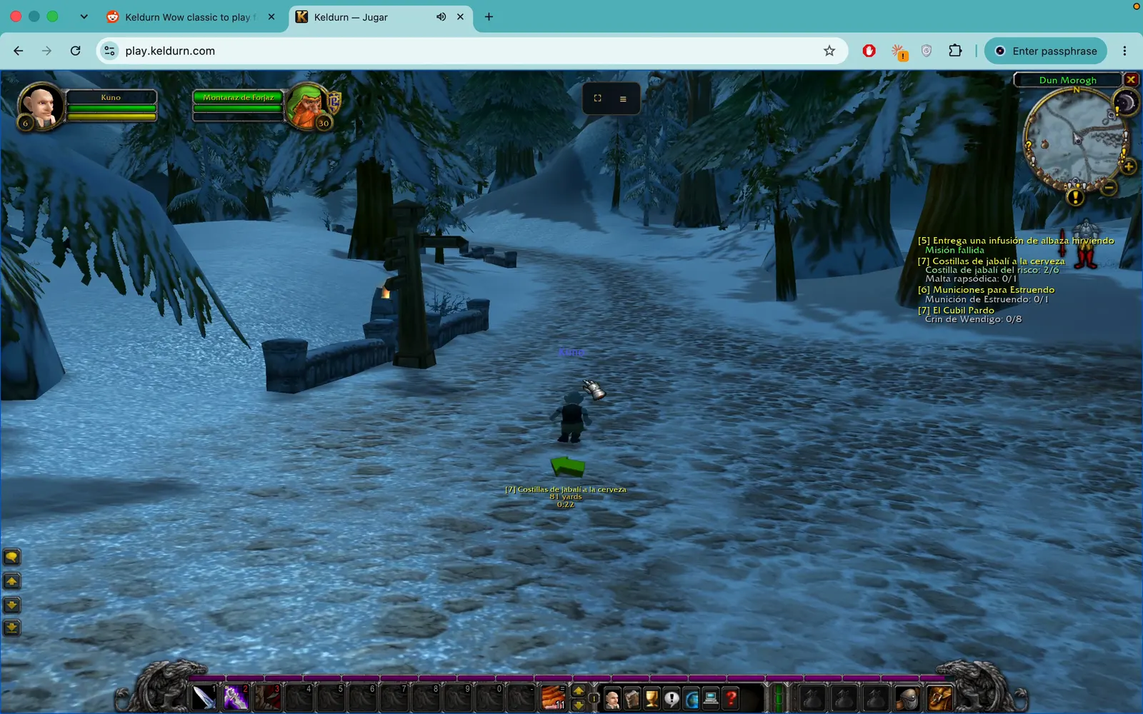Keldurn funcionando en una pestaña de Chrome en play.keldurn.com: un personaje recorre Dun Morogh nevado con las misiones en español